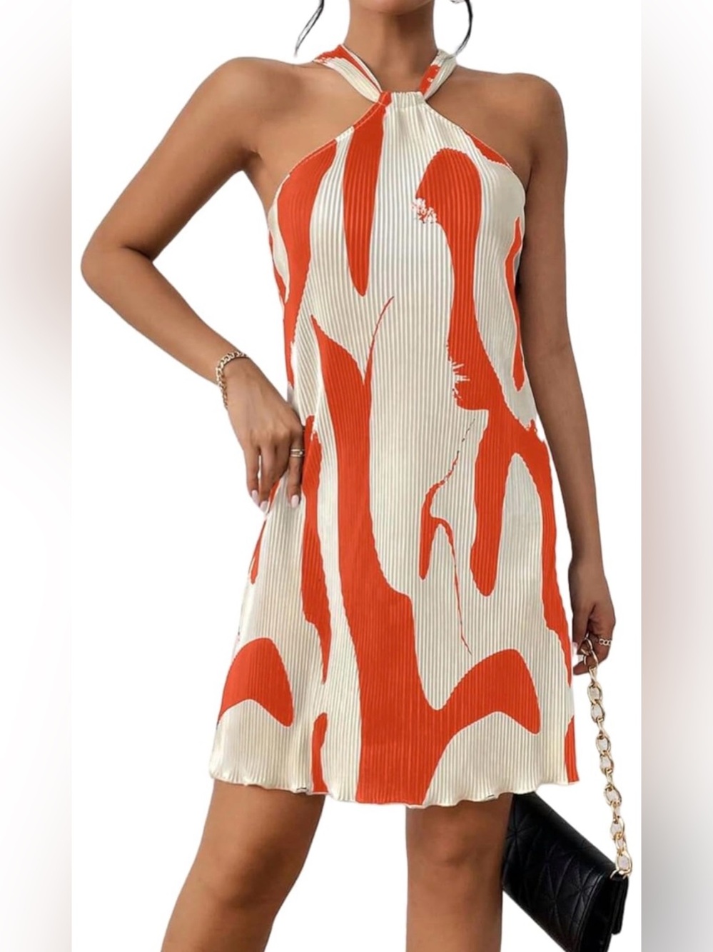 Sleeveless Halter Mini Dress in Orange and Cream
